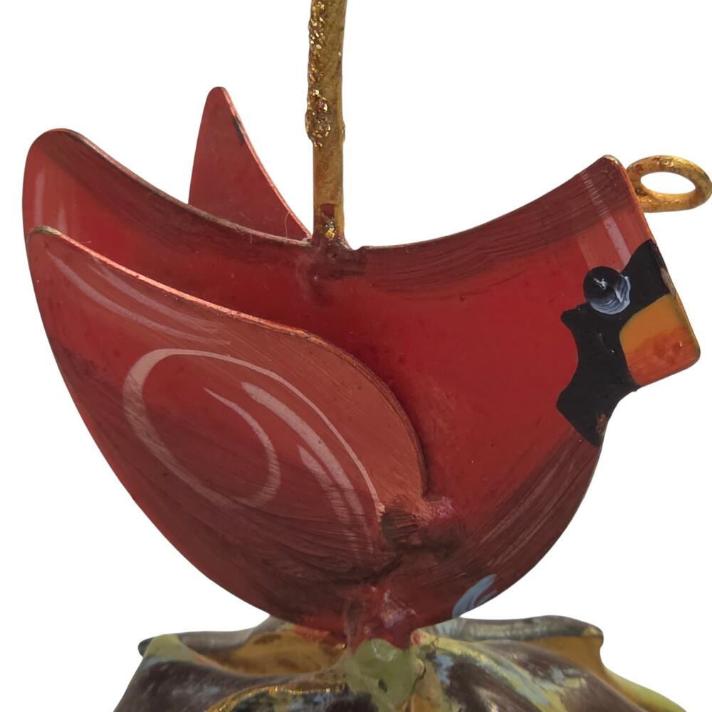Red Cardinal Bird with Green Holly Leaves Jingle Bell Christmas Ornament Vintage